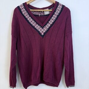 Vintage Huntington Ridge Pullover Sweater Fair Isle Neckline Womens L Burgundy